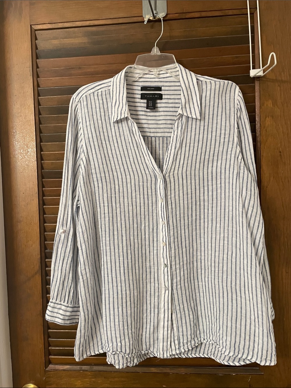 Tahiti 100% Linen White and Blue Striped Button-Front Blouse